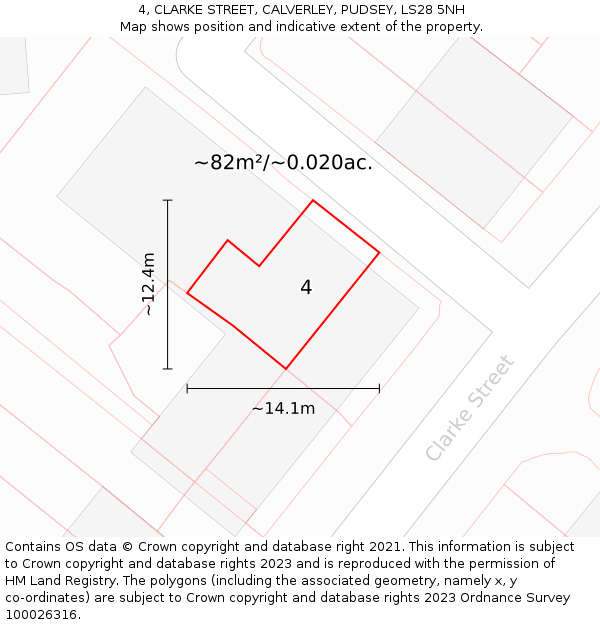 4, CLARKE STREET, CALVERLEY, PUDSEY, LS28 5NH: Plot and title map