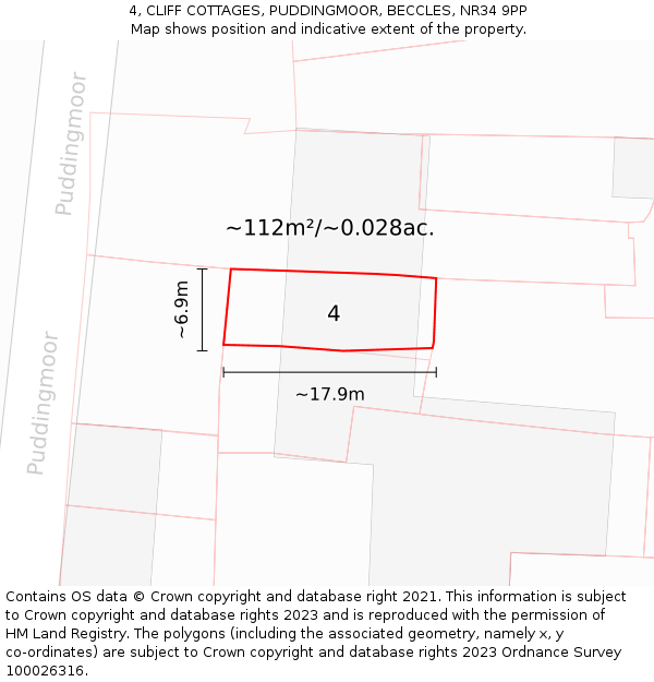 4, CLIFF COTTAGES, PUDDINGMOOR, BECCLES, NR34 9PP: Plot and title map