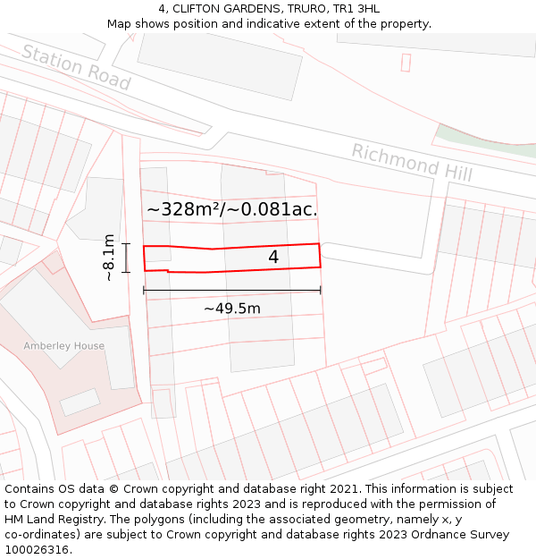 4, CLIFTON GARDENS, TRURO, TR1 3HL: Plot and title map