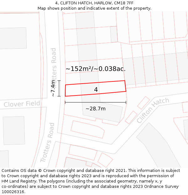 4, CLIFTON HATCH, HARLOW, CM18 7FF: Plot and title map