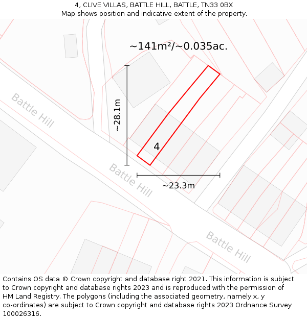 4, CLIVE VILLAS, BATTLE HILL, BATTLE, TN33 0BX: Plot and title map
