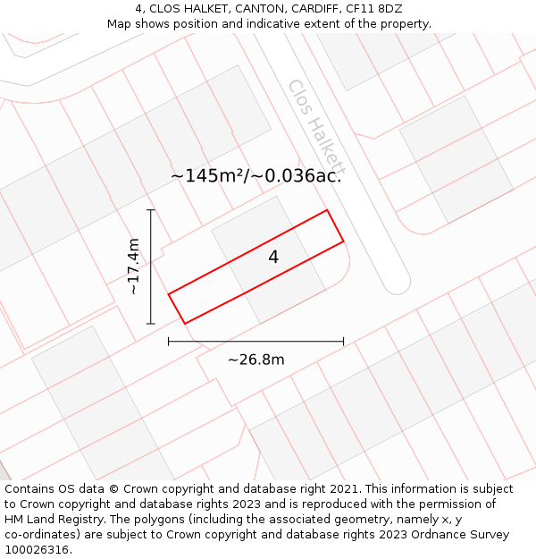 4, CLOS HALKET, CANTON, CARDIFF, CF11 8DZ: Plot and title map