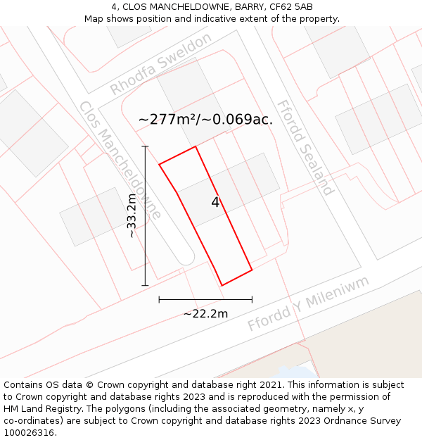 4, CLOS MANCHELDOWNE, BARRY, CF62 5AB: Plot and title map