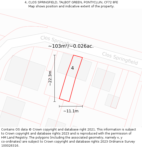 4, CLOS SPRINGFIELD, TALBOT GREEN, PONTYCLUN, CF72 8FE: Plot and title map