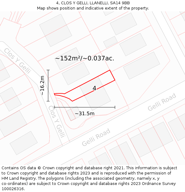 4, CLOS Y GELLI, LLANELLI, SA14 9BB: Plot and title map