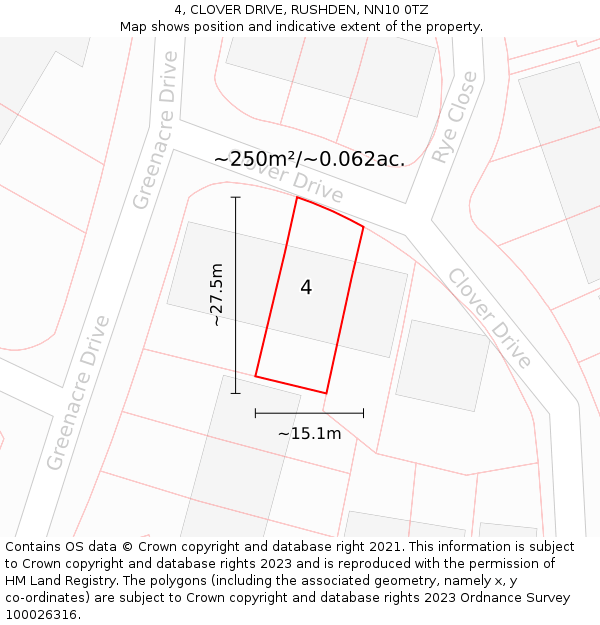 4, CLOVER DRIVE, RUSHDEN, NN10 0TZ: Plot and title map
