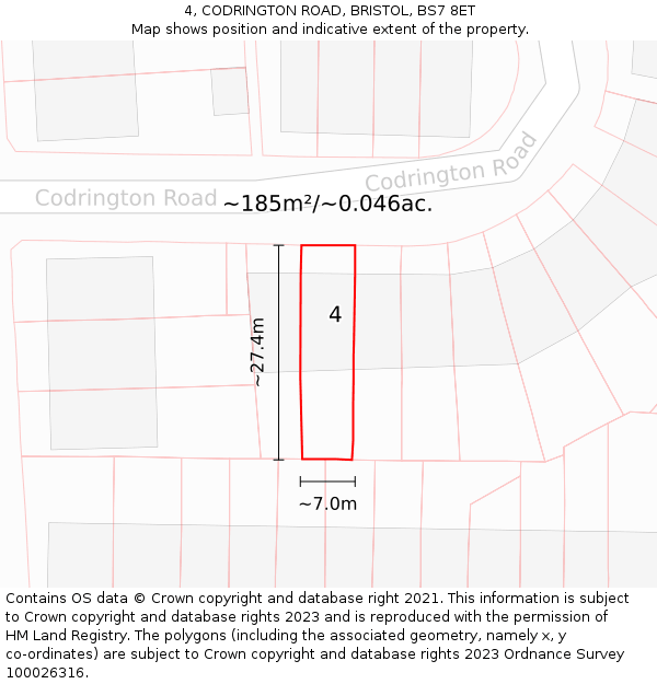 4, CODRINGTON ROAD, BRISTOL, BS7 8ET: Plot and title map