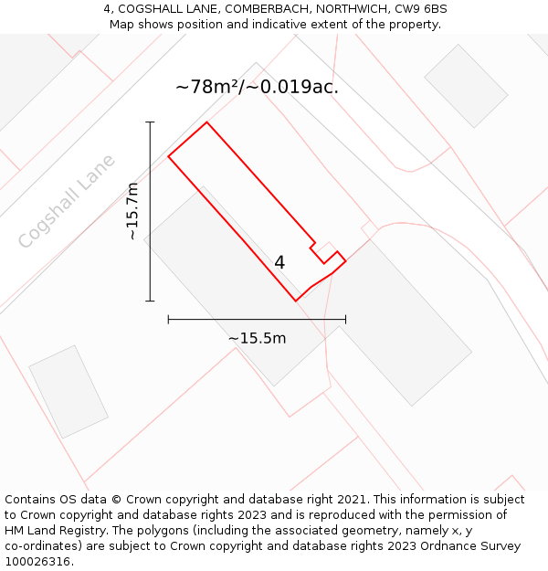 4, COGSHALL LANE, COMBERBACH, NORTHWICH, CW9 6BS: Plot and title map