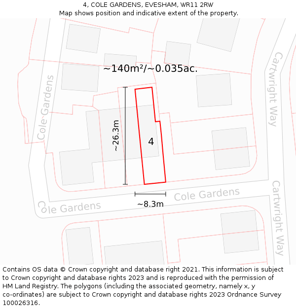 4, COLE GARDENS, EVESHAM, WR11 2RW: Plot and title map