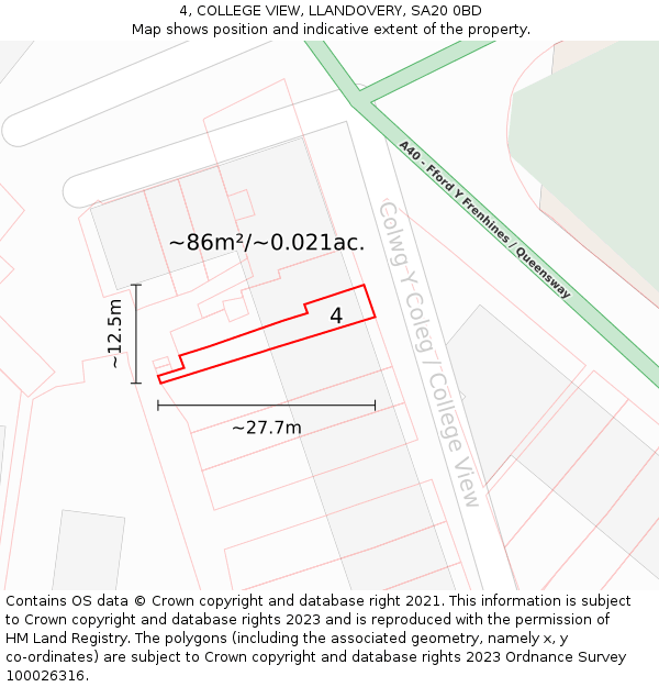 4, COLLEGE VIEW, LLANDOVERY, SA20 0BD: Plot and title map