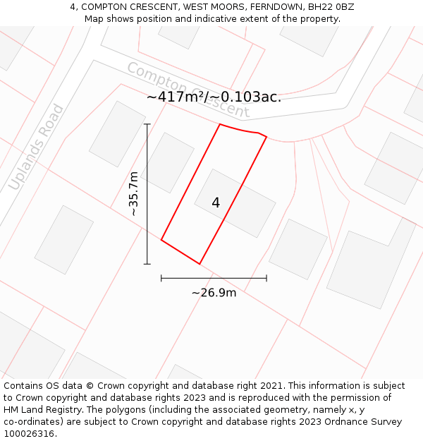 4, COMPTON CRESCENT, WEST MOORS, FERNDOWN, BH22 0BZ: Plot and title map