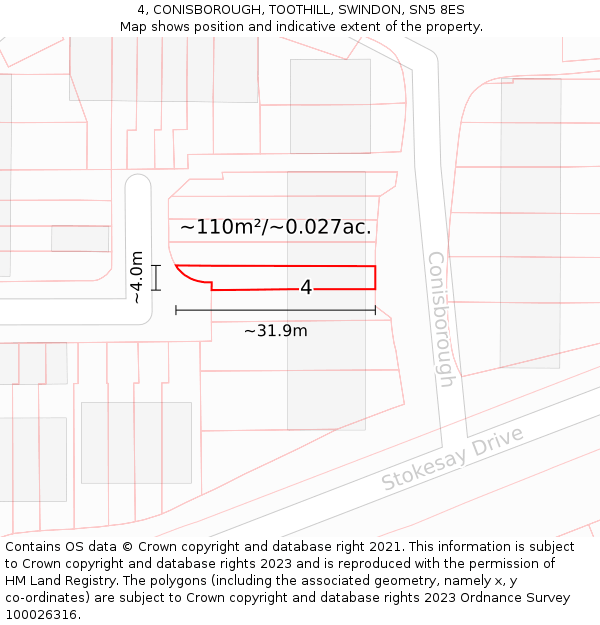 4, CONISBOROUGH, TOOTHILL, SWINDON, SN5 8ES: Plot and title map