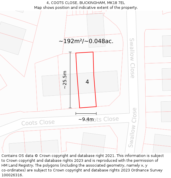 4, COOTS CLOSE, BUCKINGHAM, MK18 7EL: Plot and title map