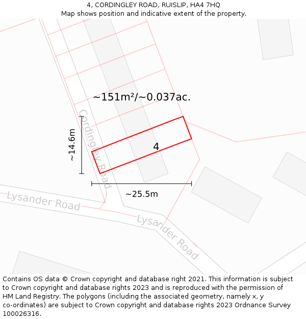 4, CORDINGLEY ROAD, RUISLIP, HA4 7HQ: Plot and title map