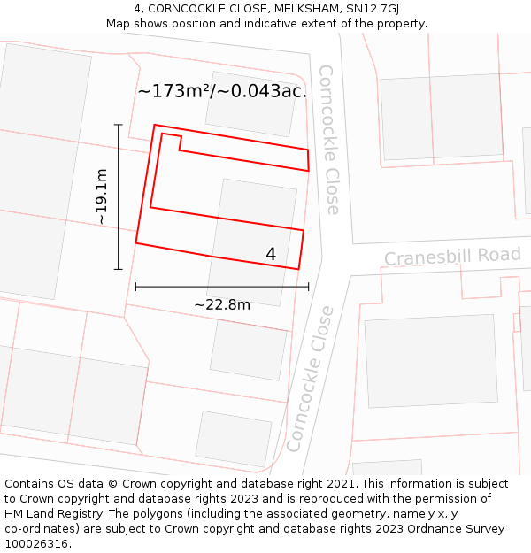 4, CORNCOCKLE CLOSE, MELKSHAM, SN12 7GJ: Plot and title map