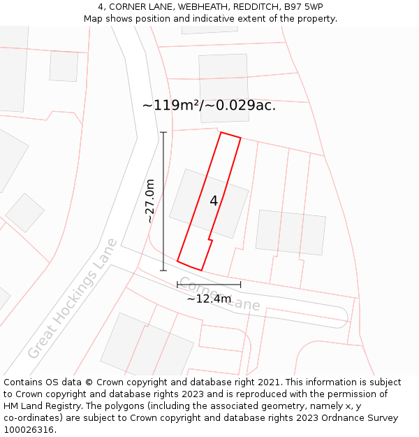 4, CORNER LANE, WEBHEATH, REDDITCH, B97 5WP: Plot and title map