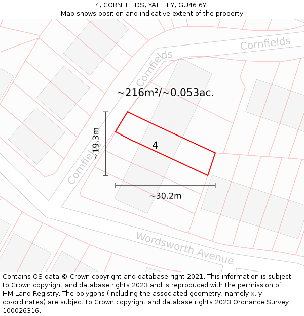 4, CORNFIELDS, YATELEY, GU46 6YT: Plot and title map