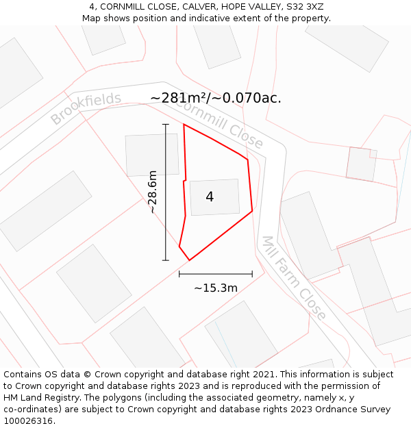 4, CORNMILL CLOSE, CALVER, HOPE VALLEY, S32 3XZ: Plot and title map