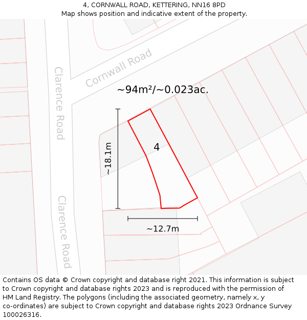 4, CORNWALL ROAD, KETTERING, NN16 8PD: Plot and title map