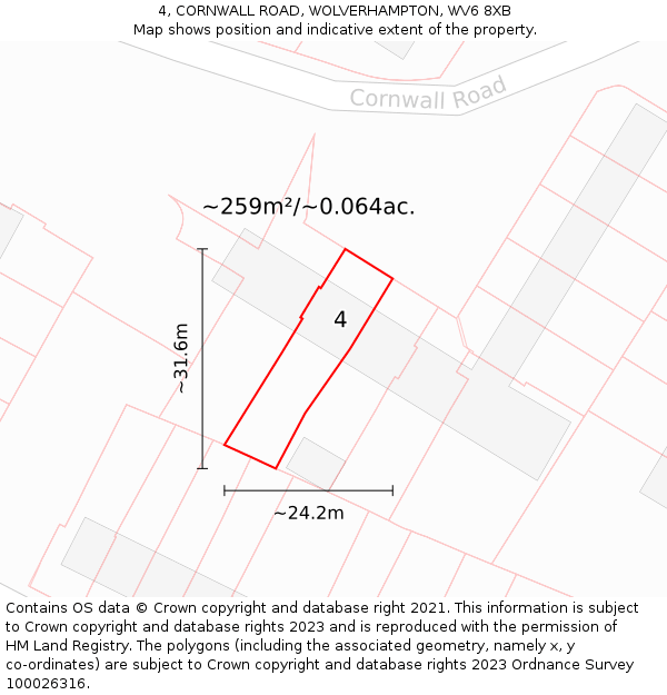 4, CORNWALL ROAD, WOLVERHAMPTON, WV6 8XB: Plot and title map