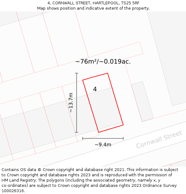 4, CORNWALL STREET, HARTLEPOOL, TS25 5RF: Plot and title map
