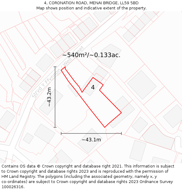 4, CORONATION ROAD, MENAI BRIDGE, LL59 5BD: Plot and title map