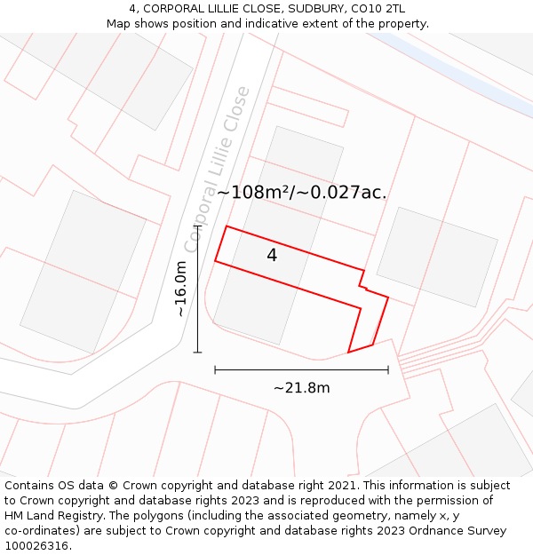 4, CORPORAL LILLIE CLOSE, SUDBURY, CO10 2TL: Plot and title map