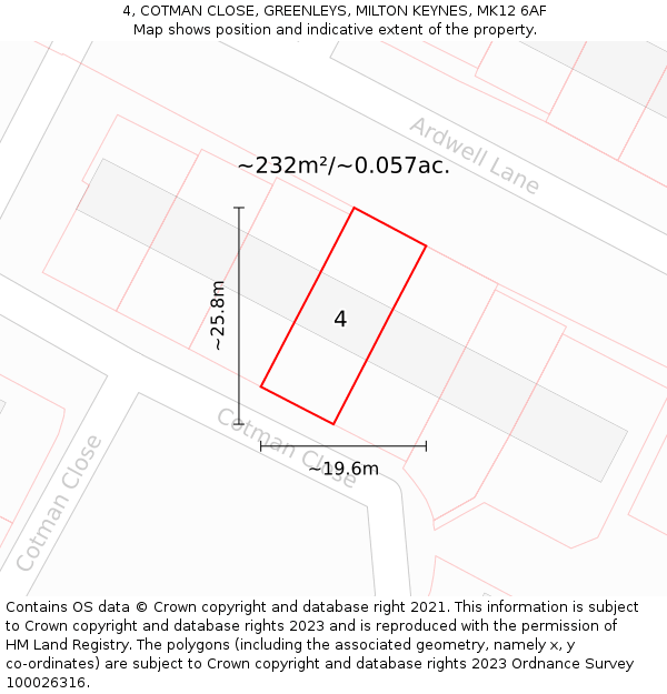 4, COTMAN CLOSE, GREENLEYS, MILTON KEYNES, MK12 6AF: Plot and title map