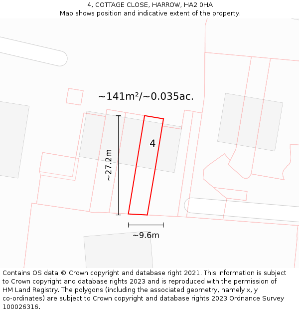 4, COTTAGE CLOSE, HARROW, HA2 0HA: Plot and title map