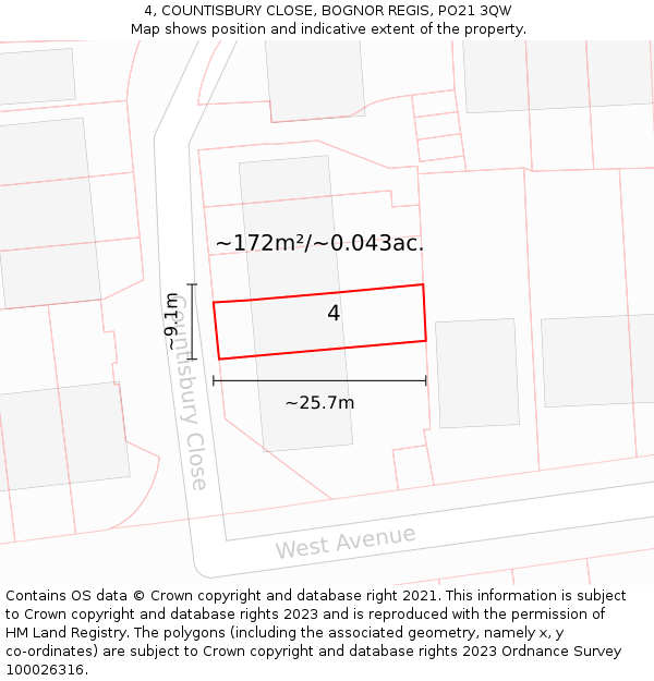 4, COUNTISBURY CLOSE, BOGNOR REGIS, PO21 3QW: Plot and title map