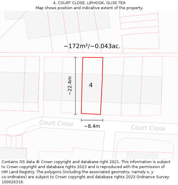 4, COURT CLOSE, LIPHOOK, GU30 7EA: Plot and title map