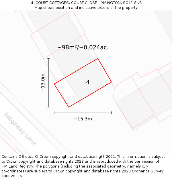4, COURT COTTAGES, COURT CLOSE, LYMINGTON, SO41 8NR: Plot and title map