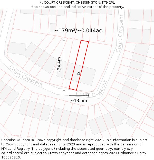 4, COURT CRESCENT, CHESSINGTON, KT9 2PL: Plot and title map