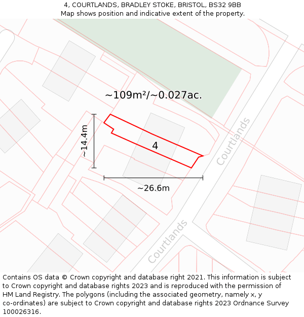 4, COURTLANDS, BRADLEY STOKE, BRISTOL, BS32 9BB: Plot and title map