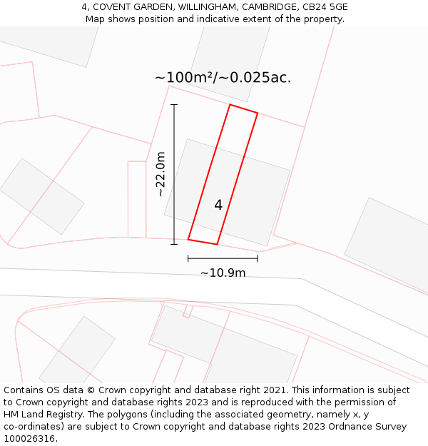 4, COVENT GARDEN, WILLINGHAM, CAMBRIDGE, CB24 5GE: Plot and title map