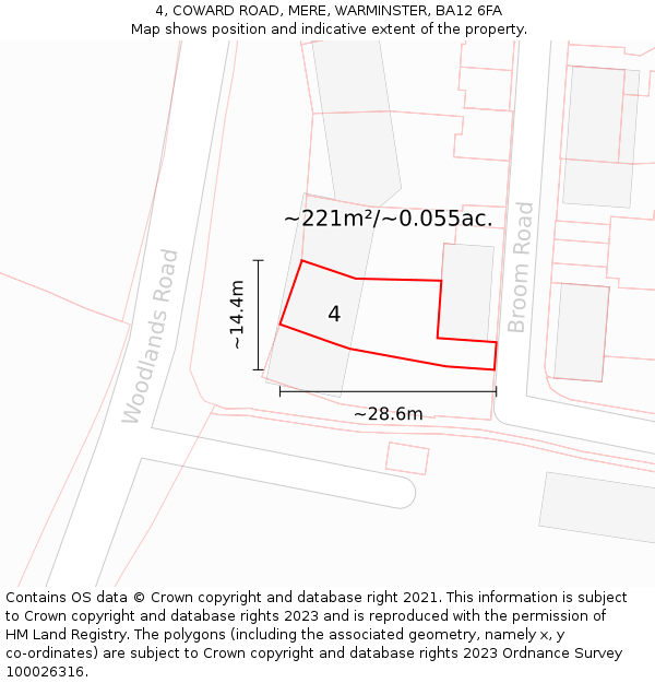 4, COWARD ROAD, MERE, WARMINSTER, BA12 6FA: Plot and title map