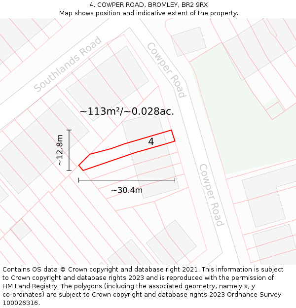 4, COWPER ROAD, BROMLEY, BR2 9RX: Plot and title map