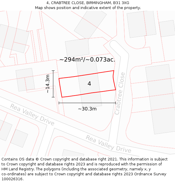 4, CRABTREE CLOSE, BIRMINGHAM, B31 3XG: Plot and title map