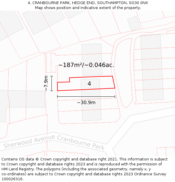 4, CRANBOURNE PARK, HEDGE END, SOUTHAMPTON, SO30 0NX: Plot and title map