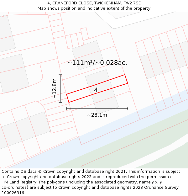 4, CRANEFORD CLOSE, TWICKENHAM, TW2 7SD: Plot and title map
