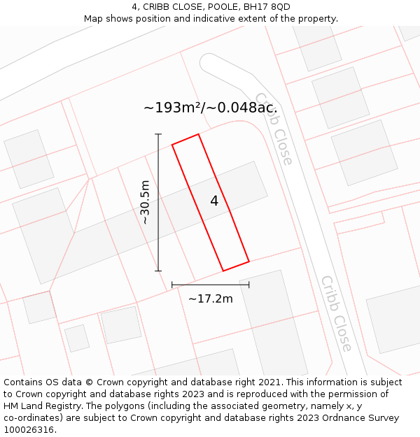 4, CRIBB CLOSE, POOLE, BH17 8QD: Plot and title map