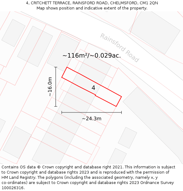 4, CRITCHETT TERRACE, RAINSFORD ROAD, CHELMSFORD, CM1 2QN: Plot and title map