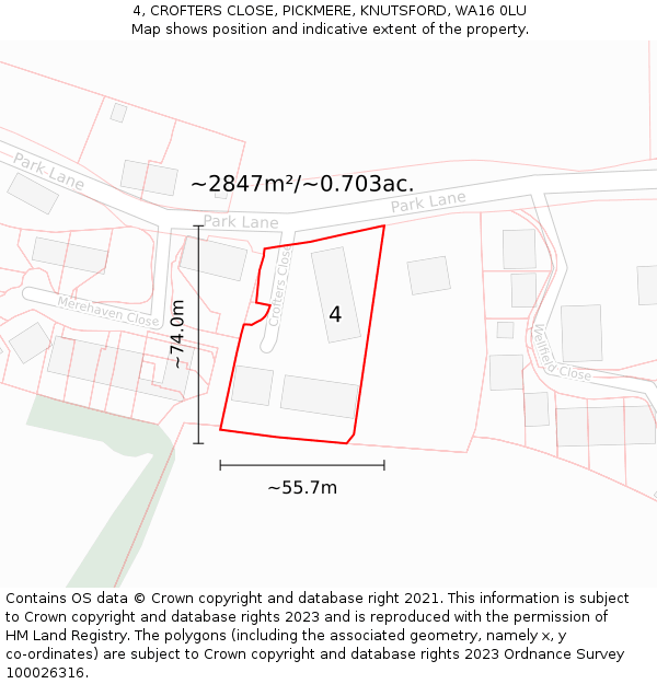 4, CROFTERS CLOSE, PICKMERE, KNUTSFORD, WA16 0LU: Plot and title map