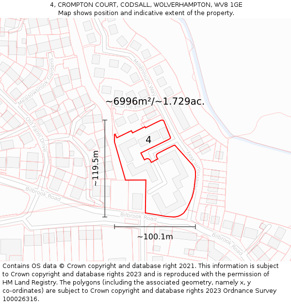 4, CROMPTON COURT, CODSALL, WOLVERHAMPTON, WV8 1GE: Plot and title map