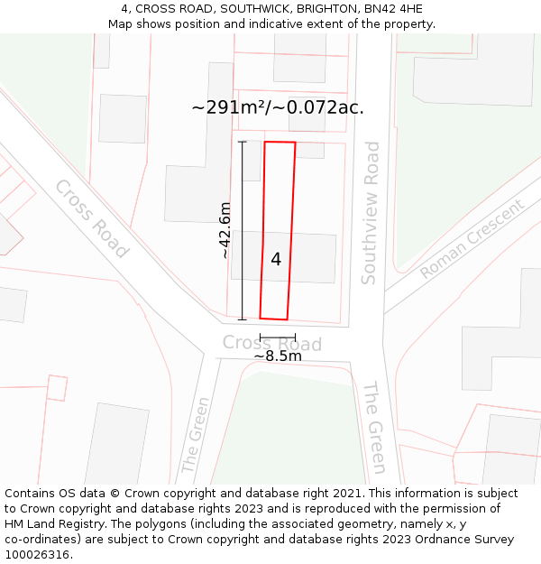 4, CROSS ROAD, SOUTHWICK, BRIGHTON, BN42 4HE: Plot and title map