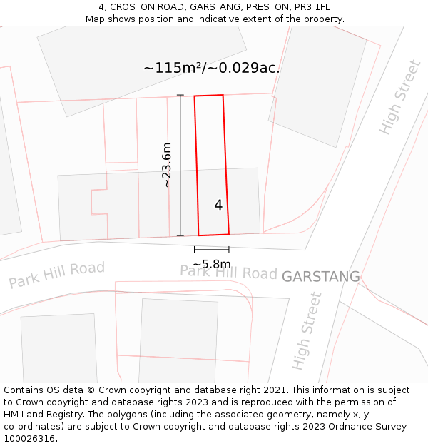 4, CROSTON ROAD, GARSTANG, PRESTON, PR3 1FL: Plot and title map