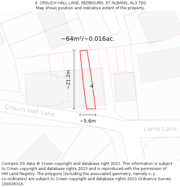 4, CROUCH HALL LANE, REDBOURN, ST ALBANS, AL3 7EQ: Plot and title map