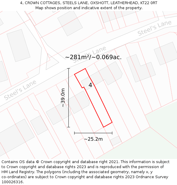 4, CROWN COTTAGES, STEELS LANE, OXSHOTT, LEATHERHEAD, KT22 0RT: Plot and title map