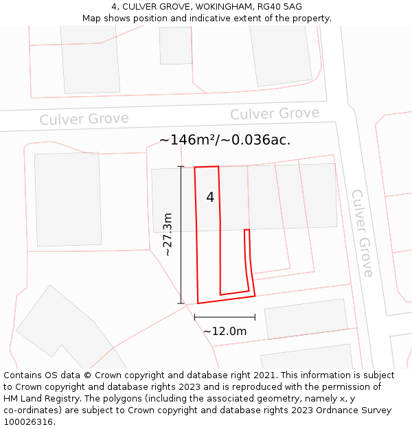 4, CULVER GROVE, WOKINGHAM, RG40 5AG: Plot and title map