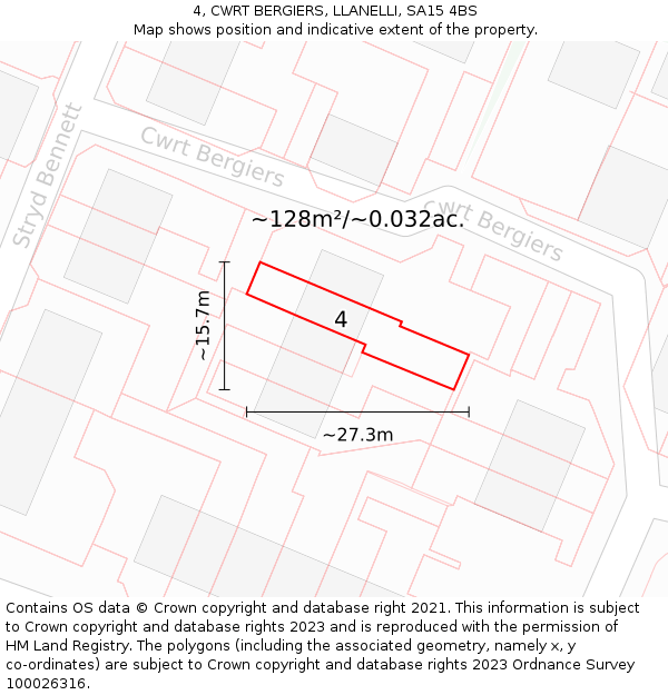 4, CWRT BERGIERS, LLANELLI, SA15 4BS: Plot and title map